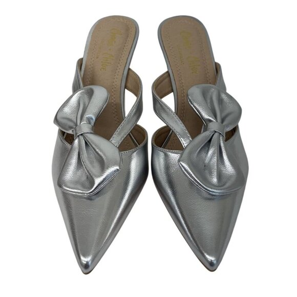 CHASE + CHLOE / Idra-3 / Silver / Pointed / Toe Mule Heels / With Bow Detail Kit - Picture 4 of 9